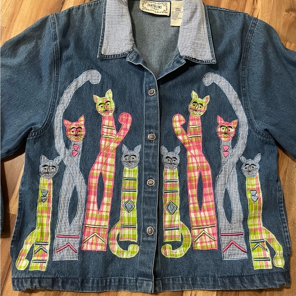 VTG Tantrums Patchwork Cats Denim Lightweight Shirt Jacket Sz L - Picture 3 of 8
